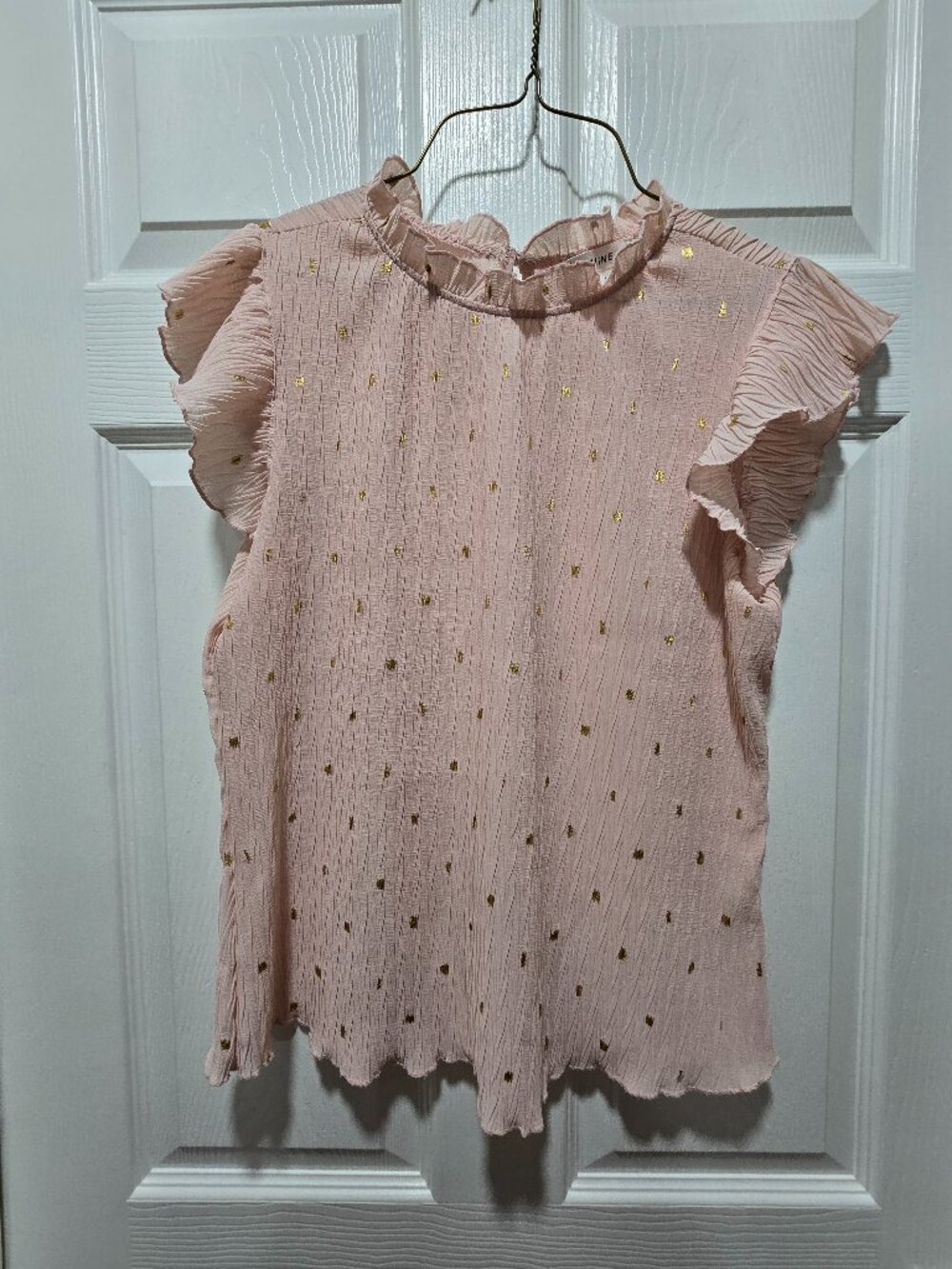 Mine Womens Blouse Top Pink Gold Ruffle Pleats Feminine Cottagecore Large